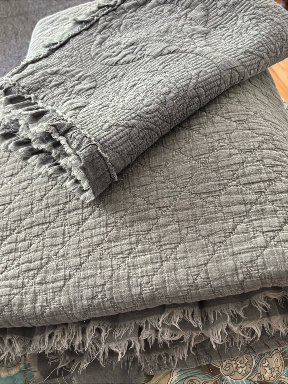 Nina Home Gray Quilted Cotton Bedspread and two Shams with Fringe